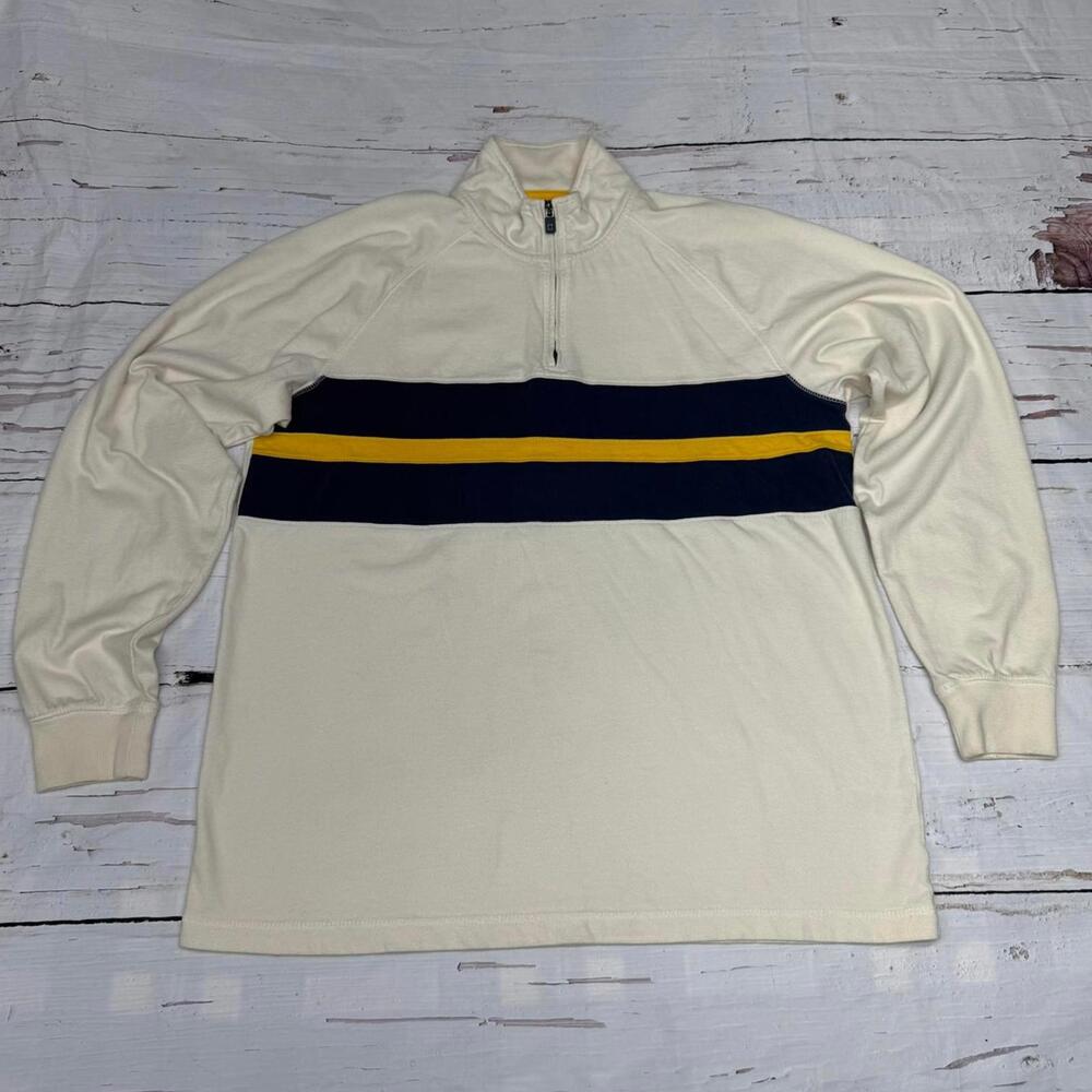 Vintage Style‎ Chaps Cream Quarter Zip Pullover with Navy and Yellow Stripes
